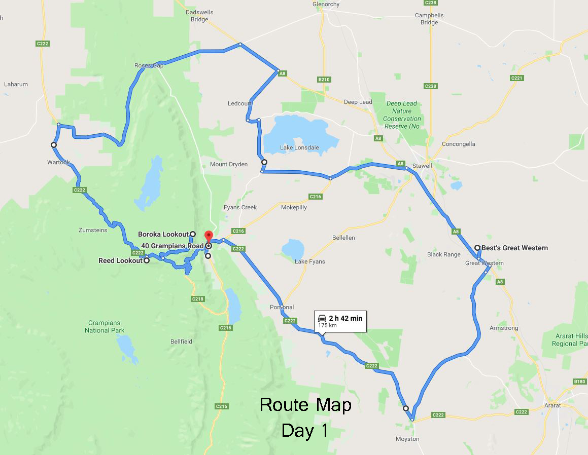 Map of route for Day 1 of Grampians Gallivant